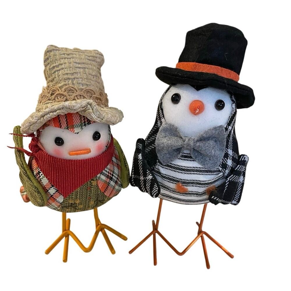 Set of 2 Harvest Fabric Birds Orange & Black Plaid Birds. Fancy hats 7.5-7” cute